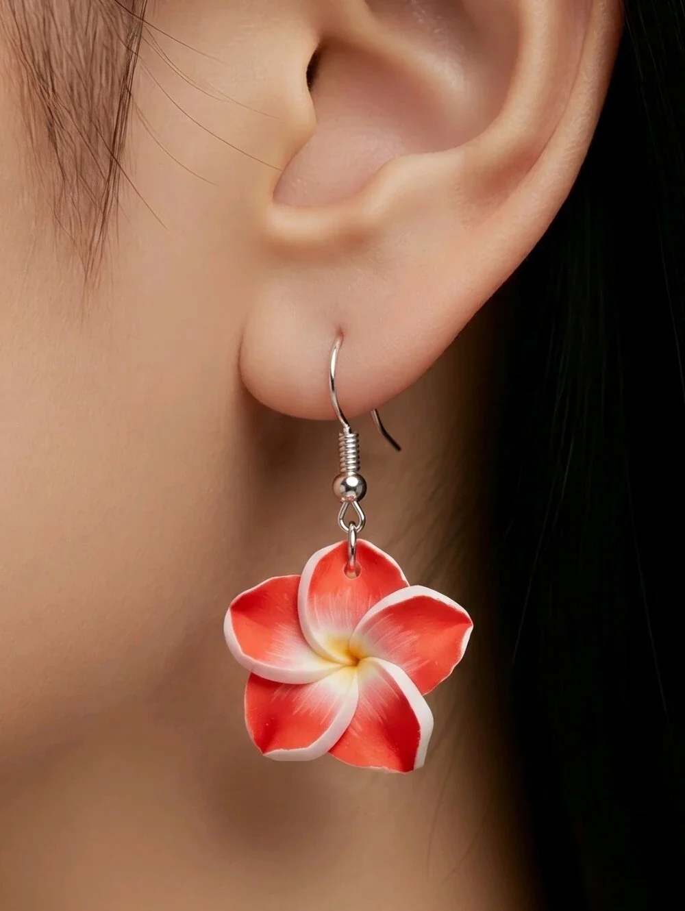 Red Plumeria Flower Earrings Tropical Hawaiian Floral Dangle Jewelry Vacation